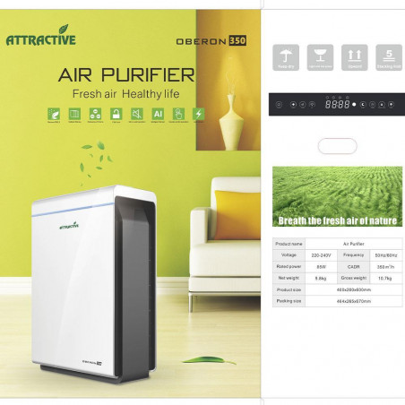 Purificator de aer Attractive Oberon 350, 85W, Pana la 65 m², 350 m³/h, 3 viteze, Wi-Fi, Ionizare, Senzori inteligenti, Telecomanda, Ecran tactil, Alb/Negru