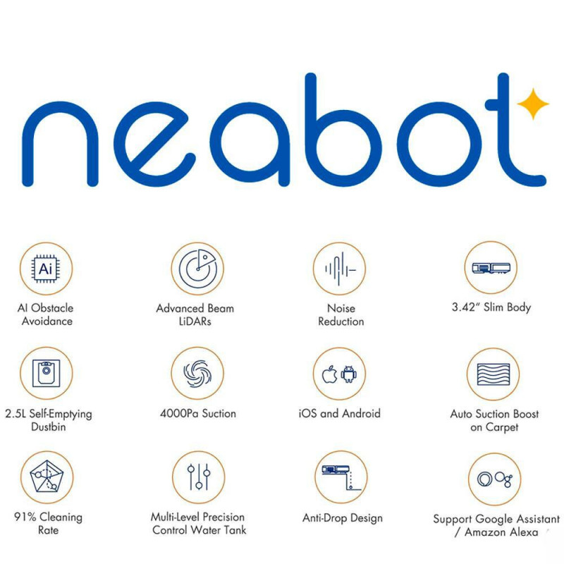 Robot aspirator Neabot NoMo Q11, Li-ion 5200 mAh, Wi-Fi, 50W, 4000 Pa, 2.5 l, Curatare uscata / umeda, Filtru HEPA lavabil, Autogolire, Alb / Negru