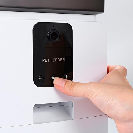 Dozator automat SMART granule pentru caini si pisici MYNA, 5 l, Camera, Aplicatie Wi-Fi, Blocare buton, Mancare uscata, Alb/Negru