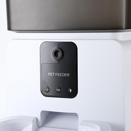 Dozator automat SMART granule pentru caini si pisici MYNA, 5 l, Camera, Aplicatie Wi-Fi, Blocare buton, Mancare uscata, Alb/Negru