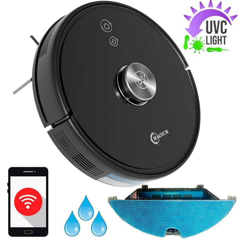 Robot aspirator cu lampa de sterilizare UVC MAGNUM UV+, Li-ion 5200 mAh, 50W, 3000 Pa, 3 trepte, Wi-Fi, Autonomie de pana la 280 min, Pana la 250 m², Negru