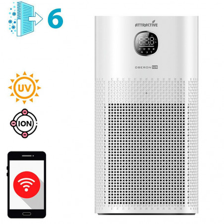 Purificator de aer Atractiv OBERON 520, 50W, Pana la 62 m², Wi-Fi, 5 viteze, Timer, Mod de noapte, Telecomandă, Senzor inteligent de poluare, Alb