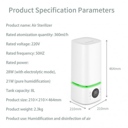 Umidificator de aer si sterilizator 2in1 Atractiv BREEZE, Pana la 40 m², 8 l, 360ml/h, 3 trepte, Ecran tactil, Ceata de apa si sterilizare, Alb