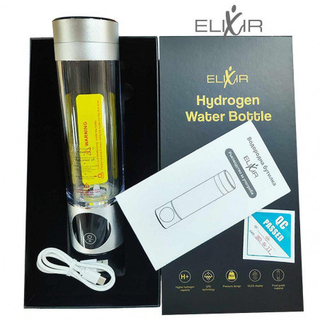 Sticla pentru apa portabila cu hidrogen Elixir, 1.2W, Baterie 1800 mAh, 260 ml, Afisaj OLED, Incarcare USB, Argintiu