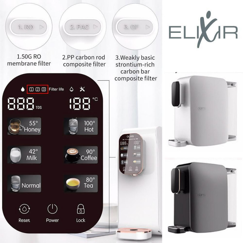 Aparat pentru purificarea si incalzirea apei de la robinet ELIXIR, 2100W, 38-99°C, Osmoza inversa, Imbogatire minerala, Negru