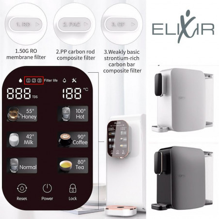 Aparat pentru purificarea si incalzirea apei de la robinet ELIXIR, 2100W, 38-99°C, Osmoza inversa, Imbogatire minerala, Negru
