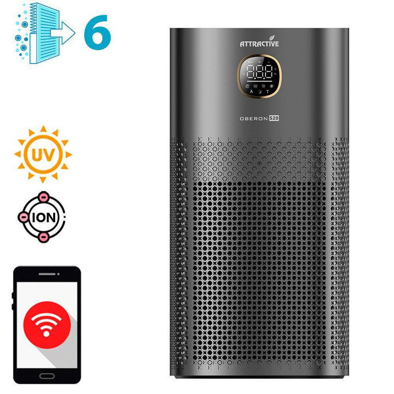 Purificator de aer atractiv OBERON 520, 50W, Pana la 62 m², Wi-Fi, 5 viteze, Temporizator, Mod de noapte, Telecomanda, Senzor inteligent de poluare, Gri inchis