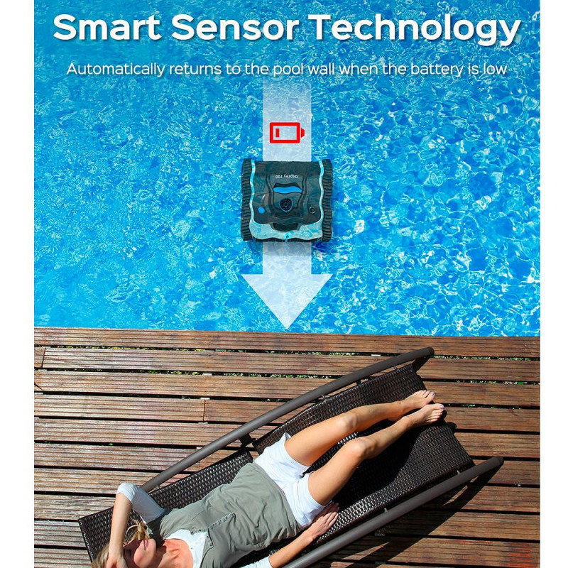 Robot cuaratre piscine fara fir Wybot Osprey 700 (X100), Li-Ion 8800 mAh, Pana la 80 m°, Autonomie pana la 110 minute, Auto-revers, Auto-parcare, Alb/Negru