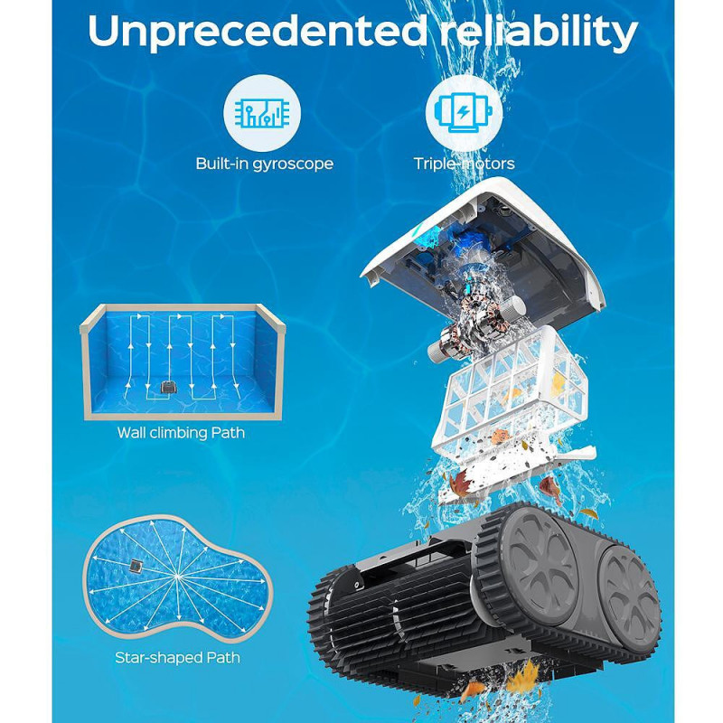 Robot cuaratre piscine fara fir Wybot Osprey 700 (X100), Li-Ion 8800 mAh, Pana la 80 m°, Autonomie pana la 110 minute, Auto-revers, Auto-parcare, Alb/Negru