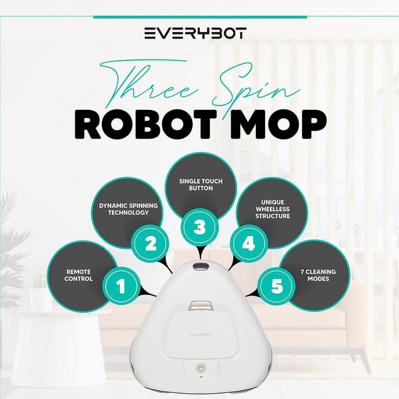 Robot curatare podele Everybot TS300, 27W, 300 ml, Umeda/uscata, Autonomie pana la 200 min, 6 moduri, Senzor anti-cadere/coliziune, Alb