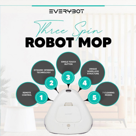 Robot curatare podele Everybot TS300, 27W, 300 ml, Umeda/uscata, Autonomie pana la 200 min, 6 moduri, Senzor anti-cadere/coliziune, Alb