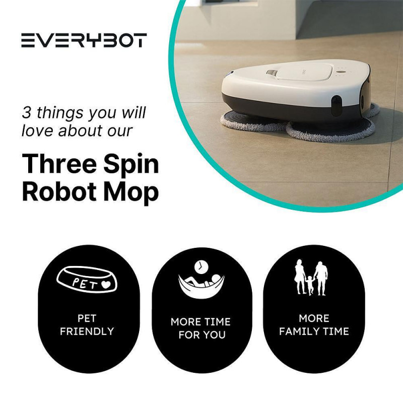 Robot curatare podele Everybot TS300, 27W, 300 ml, Umeda/uscata, Autonomie pana la 200 min, 6 moduri, Senzor anti-cadere/coliziune, Alb