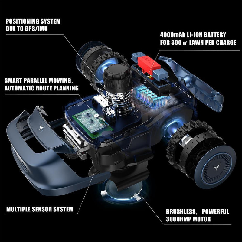Robot de tuns gazon/iarba HOOKII Neomow S, Pentru până la 1000 m², 60 dB, Wi-Fi, 4G, Bluetooth, Autonomie pana la 120 min, Albastru
