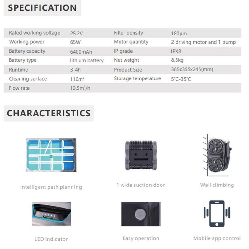 Robot curatare piscine fara fir Wybot S1, 80W, Li-Ion 6400 mAh, Pana la 120 m², 6 moduri, SMART, Autonomie pana la 200 min, Auto-parcare, Auto-revers, IPX8, Negru