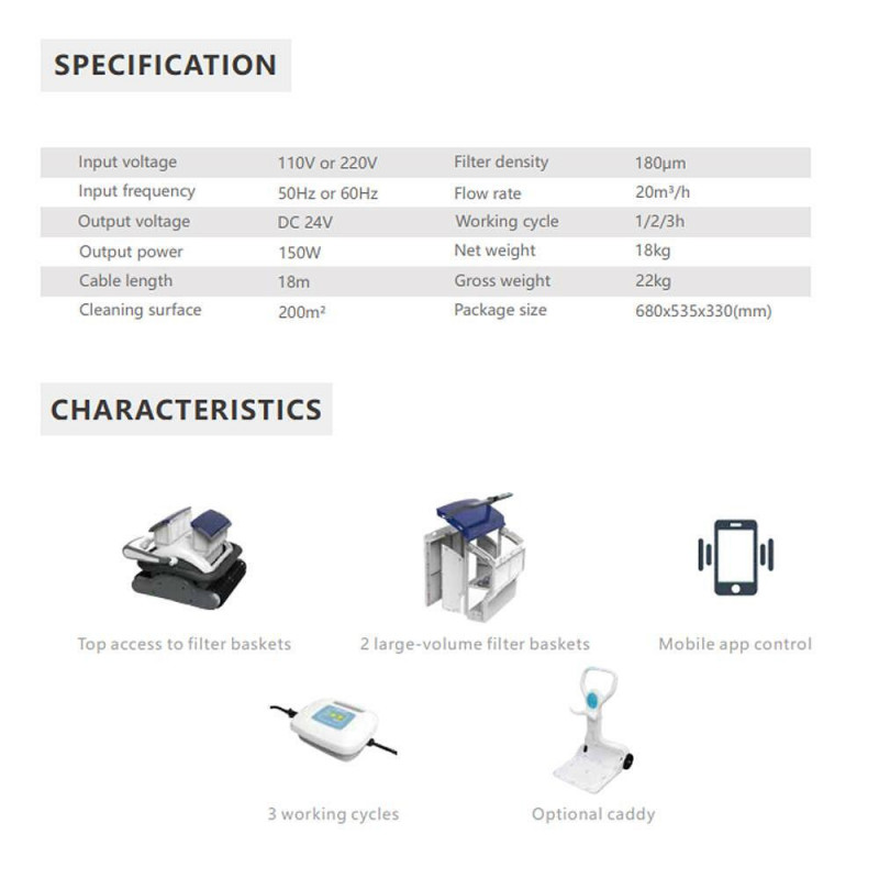 Robot de curatare piscine Wybot Raptor Pro, 150W, Pentru pana la 200 m2, 3 moduri de curatare, 3 moduri de miscare, Motor triplu, Negru