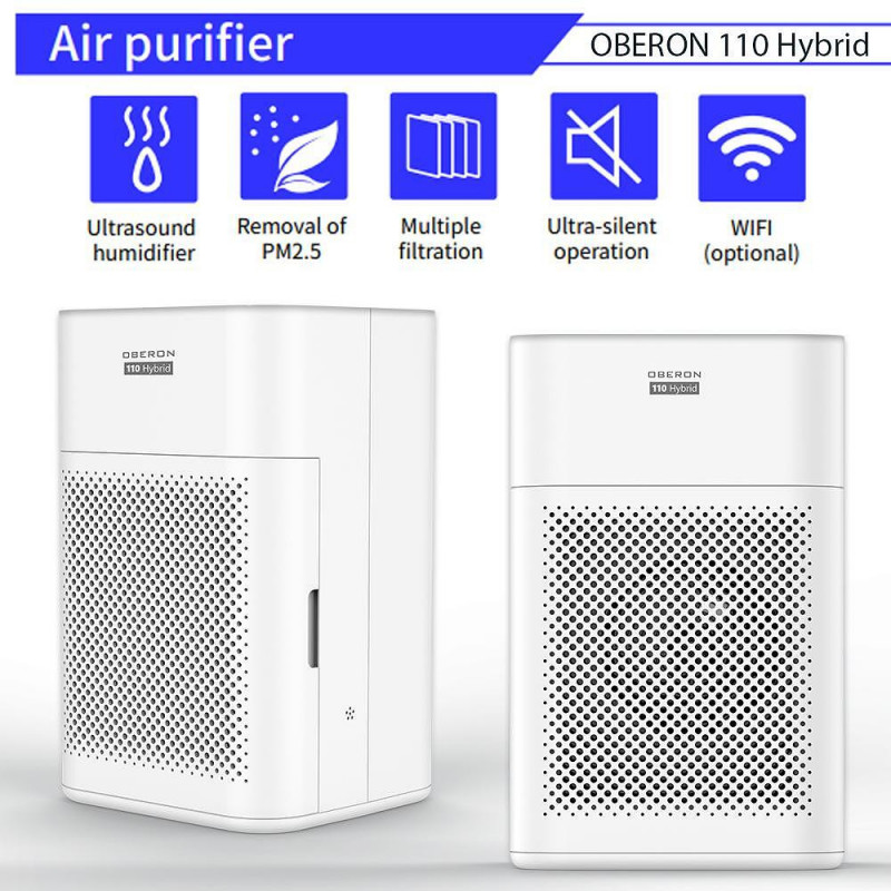 Purificator de aer si umidificator 2in1 Oberon 110 HYBRID, 21W, Pana la 15 m², 110 m³/h, Wi-Fi, 3 viteze, Filtru de carbon, Mod de noapte, Timer, Alb