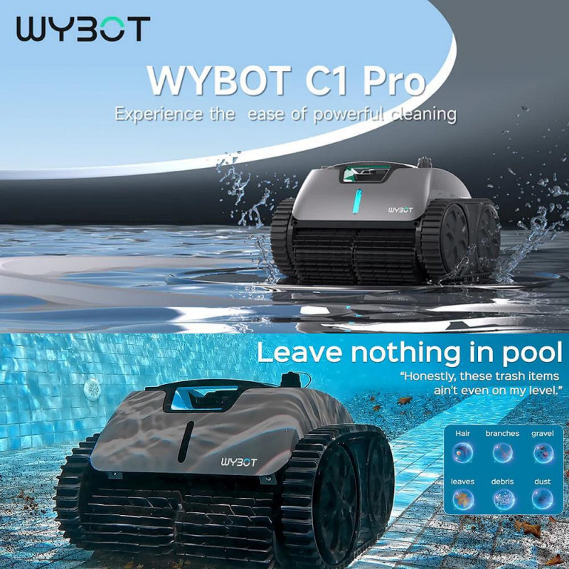 Robot curatare piscine fara fir Wybot C1 Pro, 65W, SMART, Pana la 150 m², 3 moduri, Auto-parcare, Auto-revers, IPX8, Gri