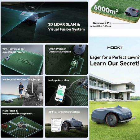 Robot tuns iarba/gazon HOOKII Neomow X Pro, 6000 m², 4 moduri, Functionare fara cablu sau antene, 60 dB, Wi-Fi, 4G, Bluetooth, Autonomie 180 min, Gri