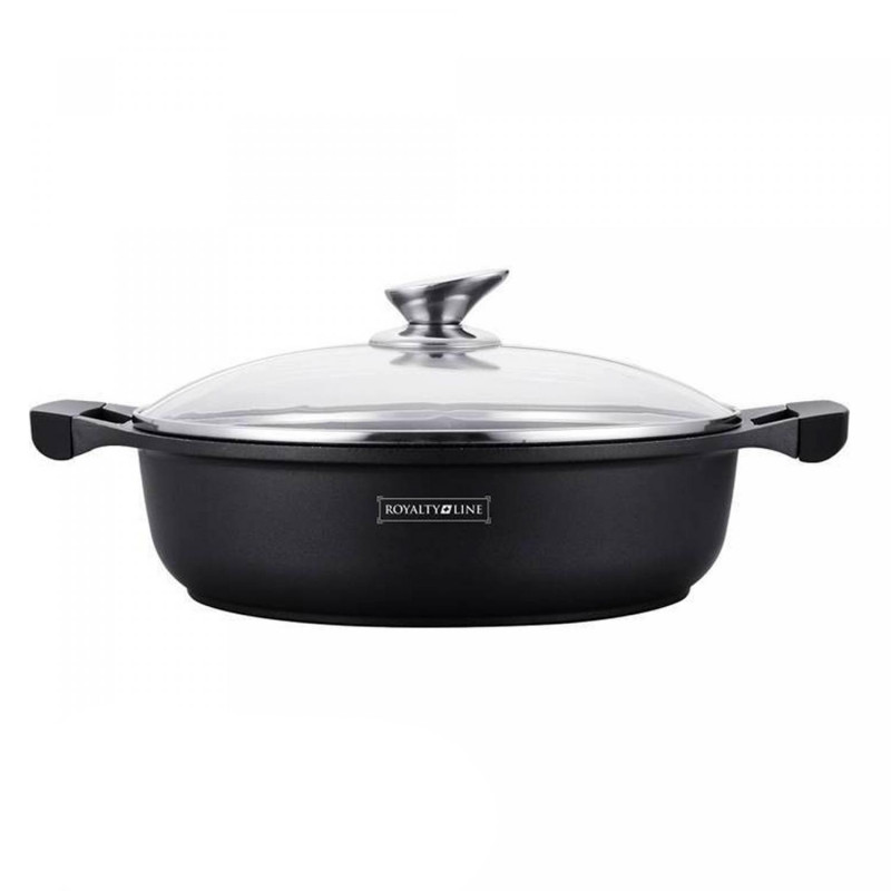 Vas de gatit cu capac Royalty Line RL-BR30ML, 30 cm, 4,8 L, Strat antiaderent din marmura, Fara PFOA, Inductie, Negru