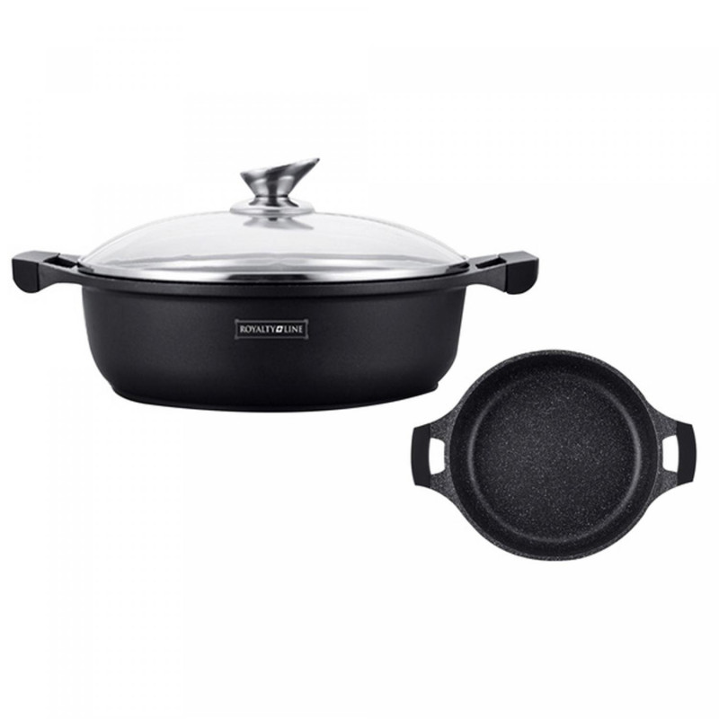 Vas de gatit cu capac Royalty Line RL-BR30ML, 30 cm, 4,8 L, Strat antiaderent din marmura, Fara PFOA, Inductie, Negru