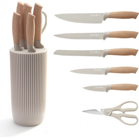 Set cutite cu suport Royalty Line DC07E, 7 piese, Foarfeca, Otel inoxidabil, Manere ergonomice, Bej