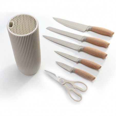 Set cutite cu suport Royalty Line DC07E, 7 piese, Foarfeca, Otel inoxidabil, Manere ergonomice, Bej
