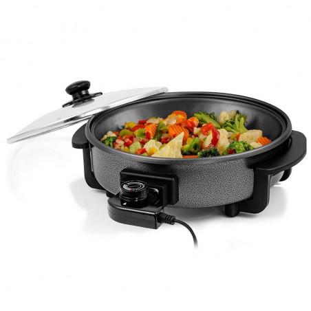 Tigaie electrica Royalty Line PP-18214, 1500W, 42 cm, 5,5 L, Capac din sticla, Termostat, Gri inchis