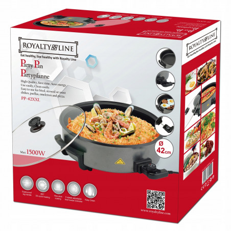 Tigaie electrica Royalty Line PP-18214, 1500W, 42 cm, 5,5 L, Capac din sticla, Termostat, Gri inchis