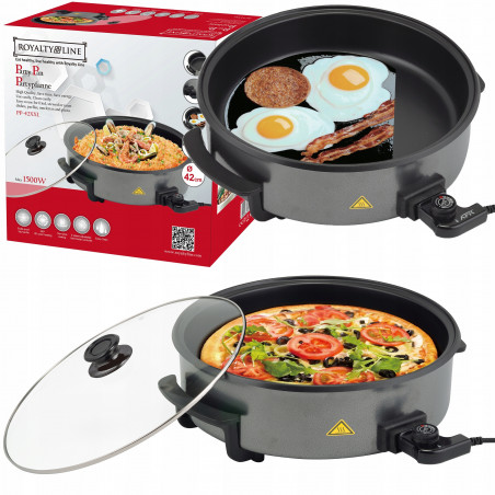 Tigaie electrica Royalty Line PP-18214, 1500W, 42 cm, 5,5 L, Capac din sticla, Termostat, Gri inchis