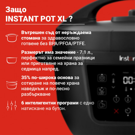 Instant Pot XL 140001901, 1200W, 7.1 l, 7 programe, Start întârziat, Ecran LCD, Negru