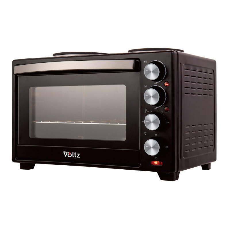 Aragaz mic Oliver Voltz OV51441F40, 3200W, 2 plite, 40 l, 100-230C, Ușă dublă din sticlă, Iluminat, Negru