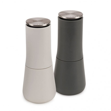 Set 2 rasnite sare si piper Joseph Joseph 95036, 2 piese, Utilizare mecanica, Mecanism ceramic, Reglare grad, Fara BPA, Alb/Gri