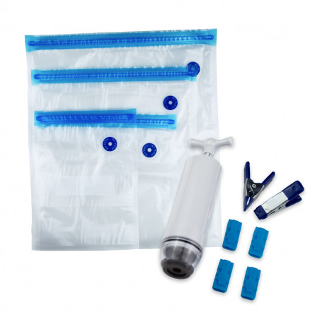 Pungi pentru vidare si gatit Su Tip Izibizi, 20 buc, 4 dimensiuni, -20°C la +95°C, Reutilizabile, Fara BPA, Inchidere etansa dubla, Transparent/Albastru