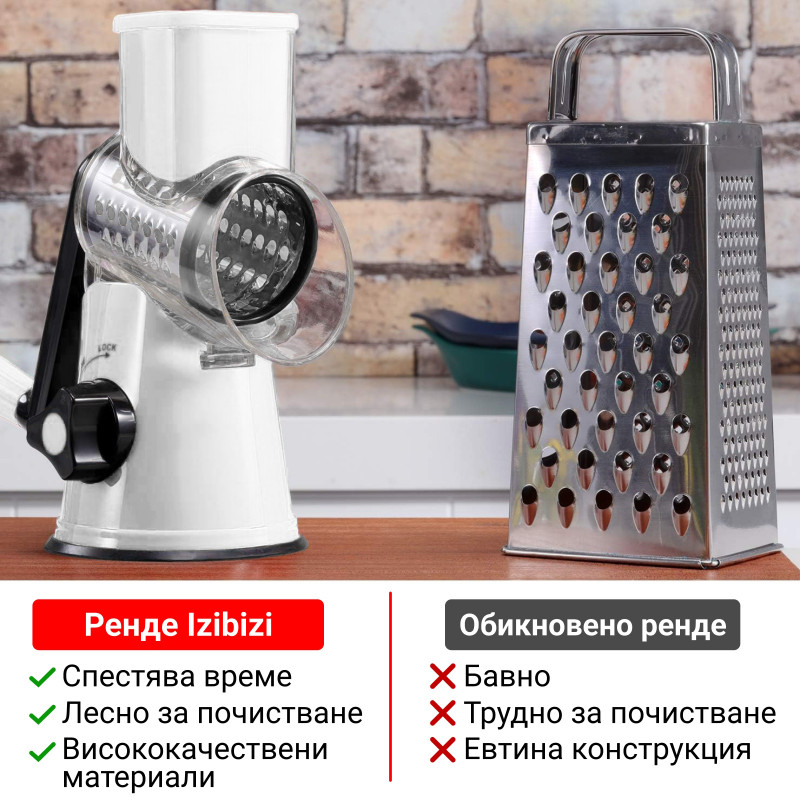 Razatoare cu manivela Izibizi PS-336A, 3 atasamente interschimbabile, Otel inoxidabil, Alb
