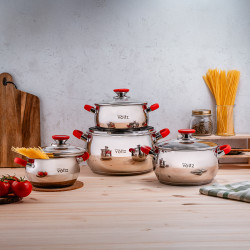 Set oale cu capac din sticla Oliver Voltz OV51210N8, 8 piese, inductie, Manere din silicon, Inox/Rosu