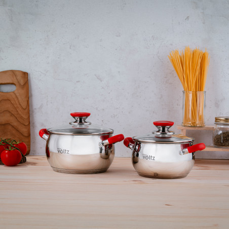 Set oale cu capac din sticla Oliver Voltz OV51210N8, 8 piese, inductie, Manere din silicon, Inox/Rosu