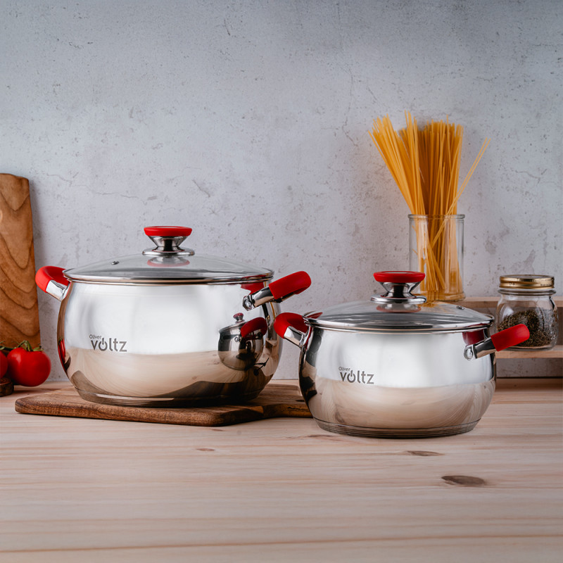 Oala Oliver Voltz OV51210N28, 28 cm, 10.45 L, Inductie, Manere din silicon, Inox/Roşu