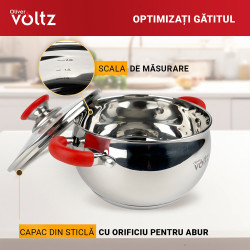 Oala Oliver Voltz OV51210N26 , 26 cm, 7.7 L, Inductie, Manere silicon, Inx/Roşu