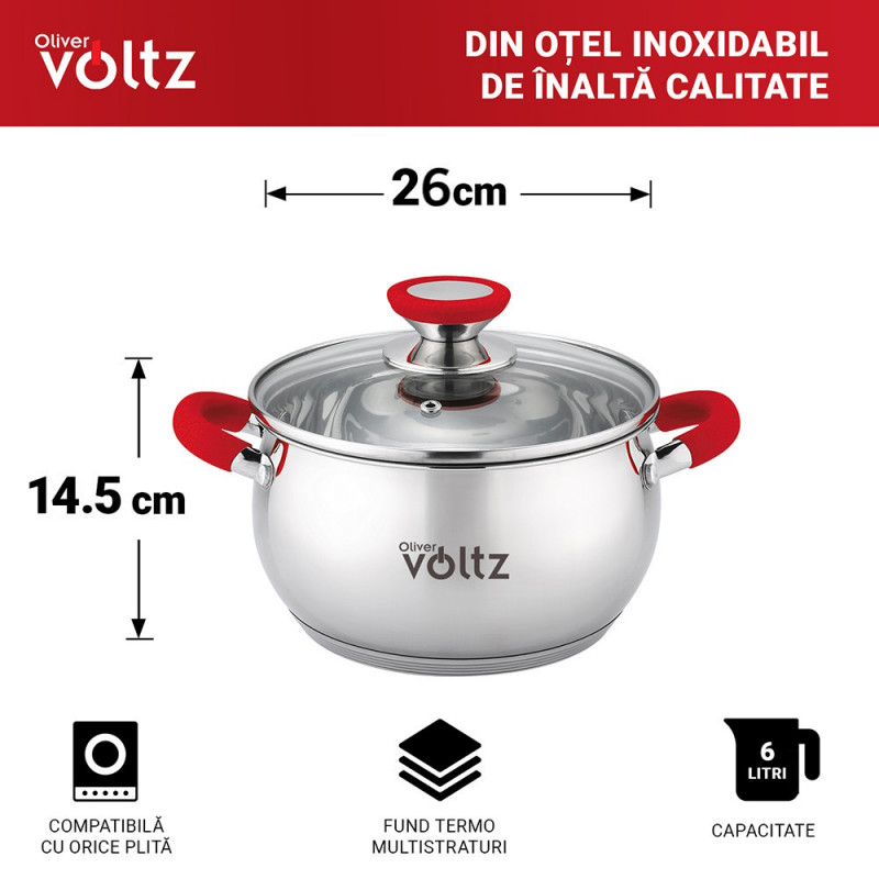 Oala Oliver Voltz OV51210N26 , 26 cm, 7.7 L, Inductie, Manere silicon, Inx/Roşu