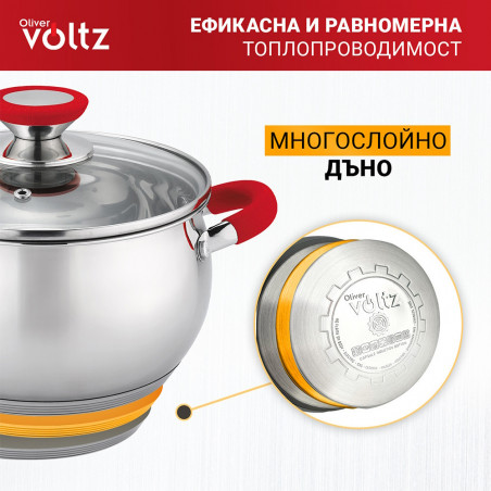 Oala Oliver Voltz OV51210N28, 28 cm, 10.45 L, Inductie, Manere din silicon, Inox/Roşu