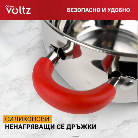 Oala Oliver Voltz OV51210N28, 28 cm, 10.45 L, Inductie, Manere din silicon, Inox/Roşu