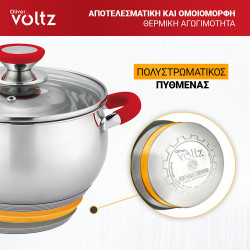 Oala Oliver Voltz OV51210N28, 28 cm, 10.45 L, Inductie, Manere din silicon, Inox/Roşu
