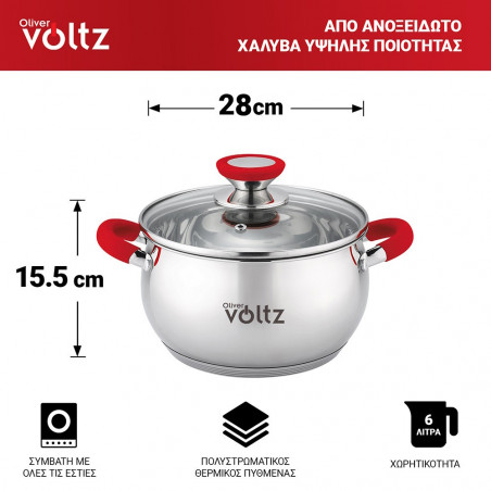 Oala Oliver Voltz OV51210N28, 28 cm, 10.45 L, Inductie, Manere din silicon, Inox/Roşu