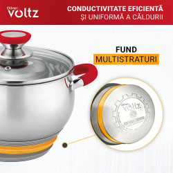 Oala Oliver Voltz OV51210N28, 28 cm, 10.45 L, Inductie, Manere din silicon, Inox/Roşu