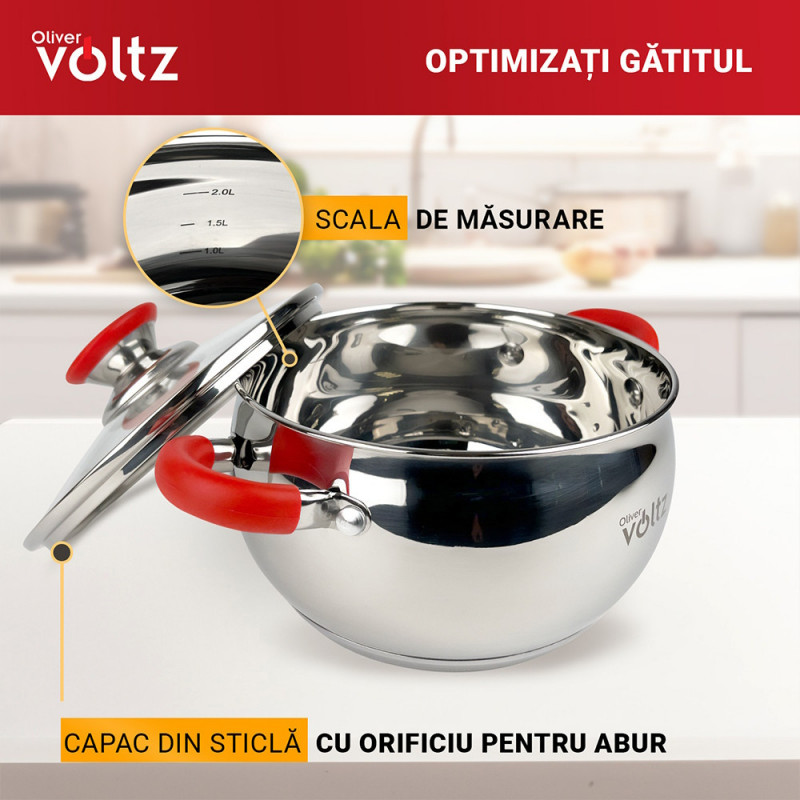 Oala Oliver Voltz OV51210N28, 28 cm, 10.45 L, Inductie, Manere din silicon, Inox/Roşu