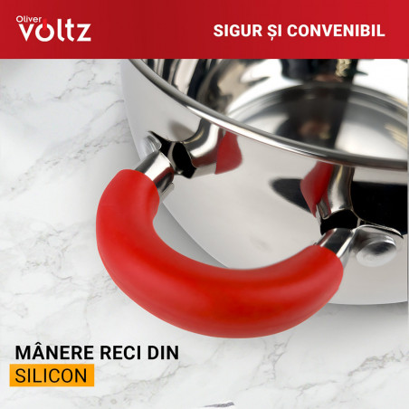 Oala Oliver Voltz OV51210N28, 28 cm, 10.45 L, Inductie, Manere din silicon, Inox/Roşu