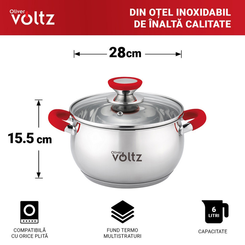 Oala Oliver Voltz OV51210N28, 28 cm, 10.45 L, Inductie, Manere din silicon, Inox/Roşu