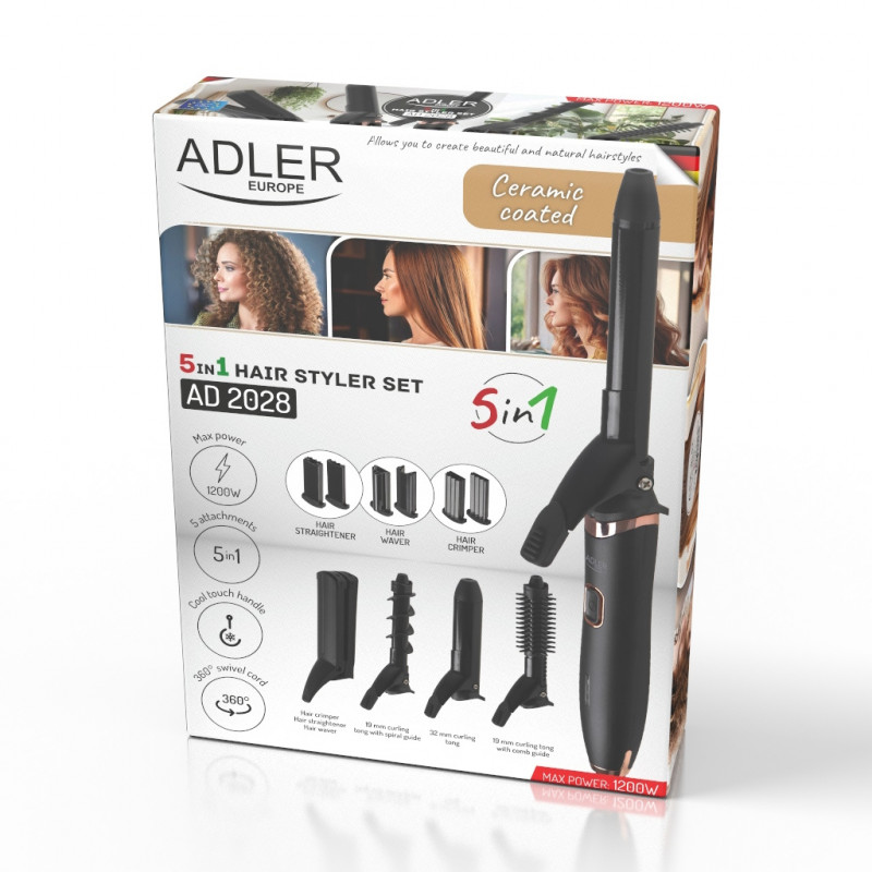 Set de styling 5in1 Adler AD 2028, 1200W, acoperire ceramică, cablu rotativ la 360 de grade, negru