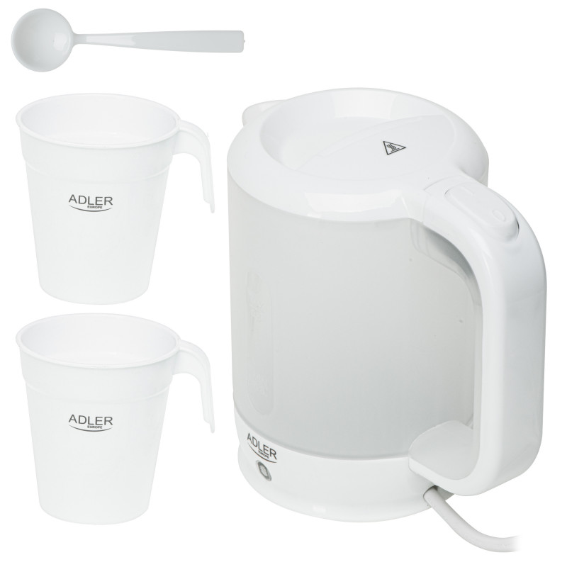 Cana electrica Adler AD 1381, 900W, 0,5 L, 2 cani si lingura, Protectie fierbere fara apa, Alb