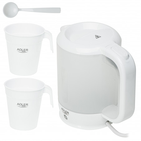 Cana electrica Adler AD 1381, 900W, 0,5 L, 2 cani si lingura, Protectie fierbere fara apa, Alb
